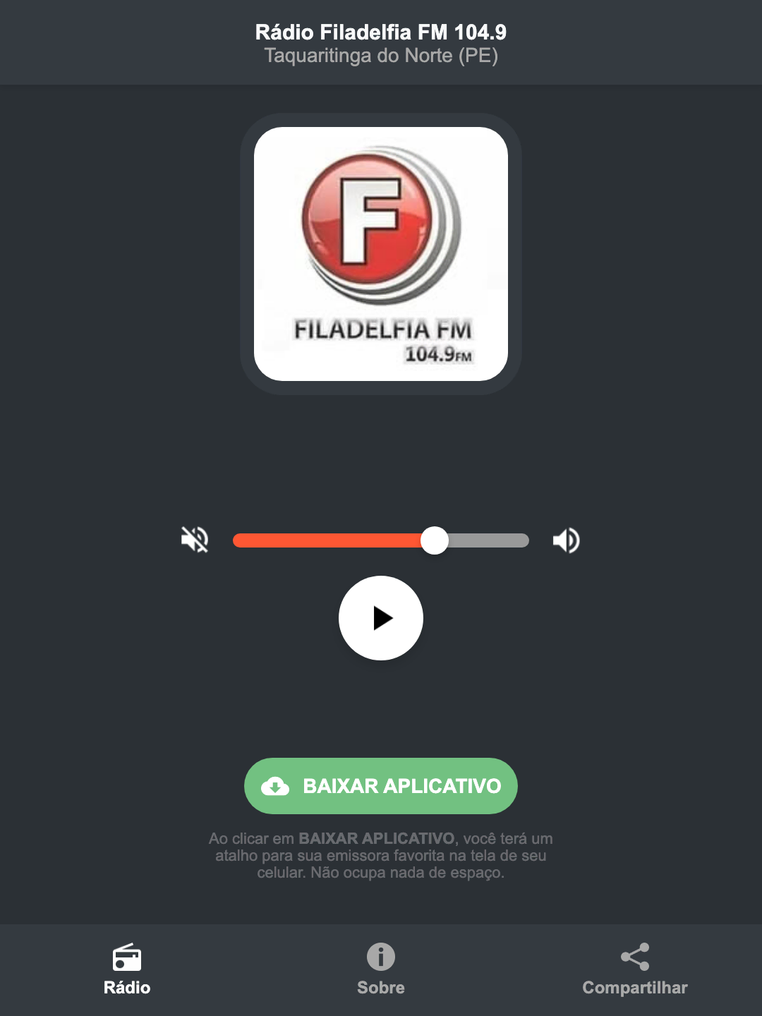 Screenshot do aplicativo da Rádio Filadelfia FM 104.9