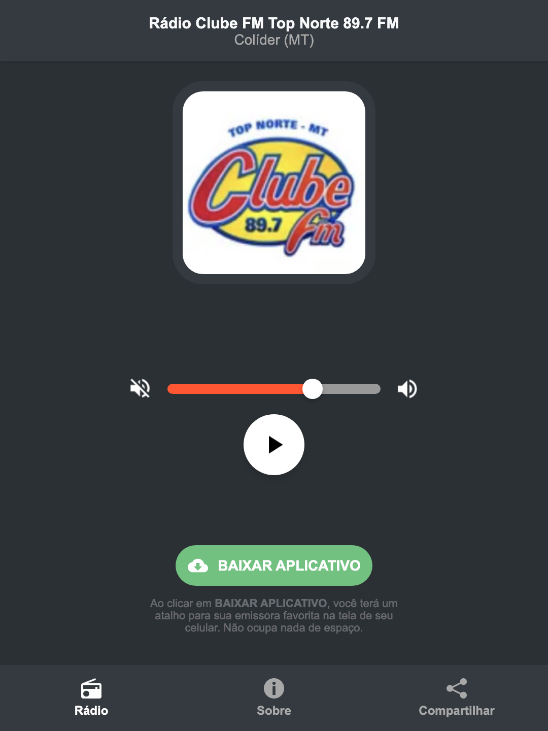 Screenshot do aplicativo da Rádio Clube FM Top Norte 89.7 FM