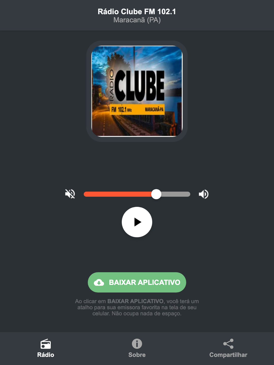 Screenshot do aplicativo da Rádio Clube FM 102.1