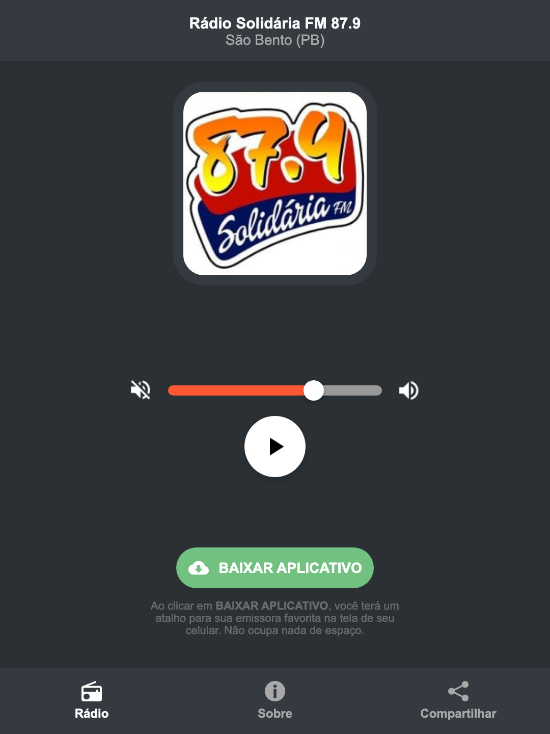 Screenshot do aplicativo da Rádio Solidária FM 87.9