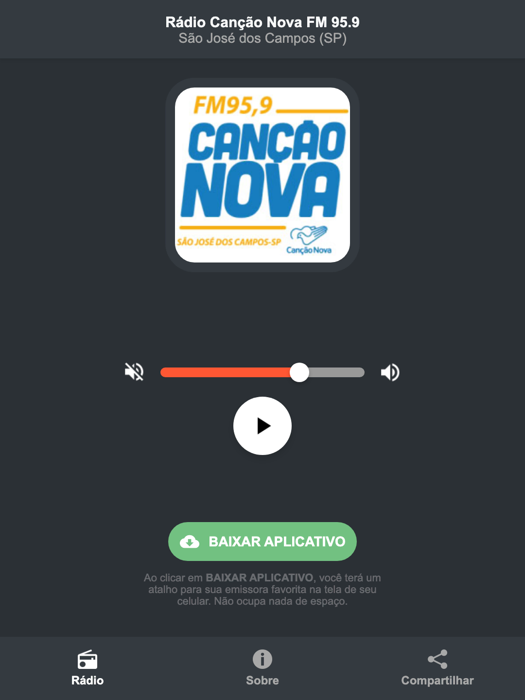 Screenshot do aplicativo da Rádio Canção Nova FM 95.9