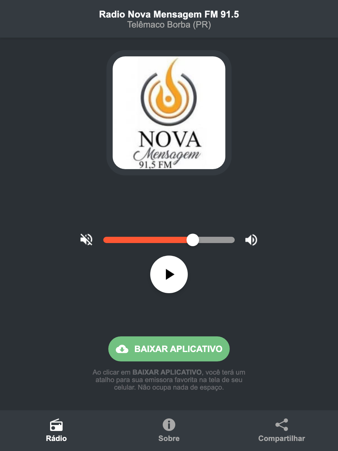 Screenshot do aplicativo da Radio Nova Mensagem FM 91.5