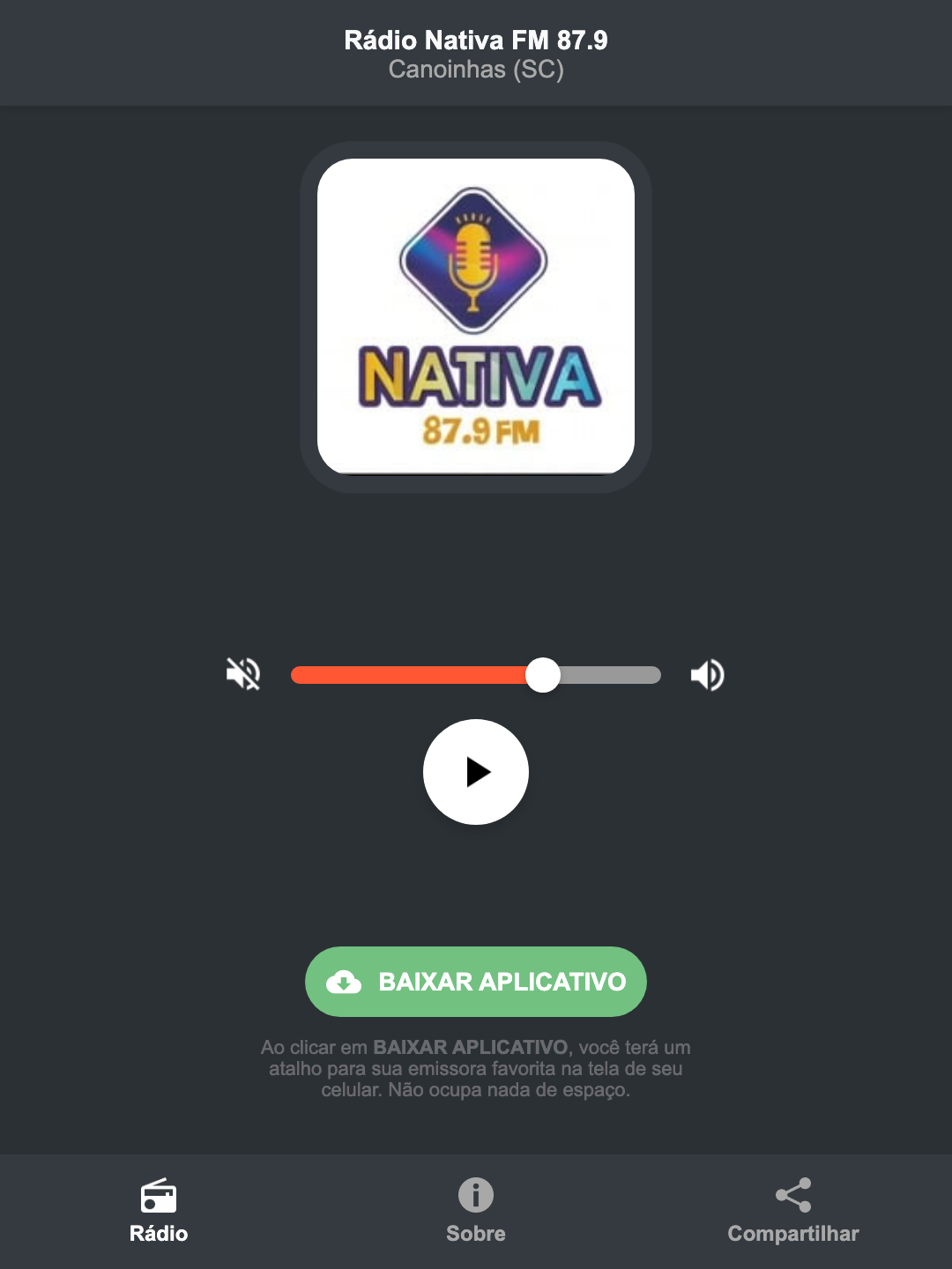 Screenshot do aplicativo da Rádio Nativa FM 87.9