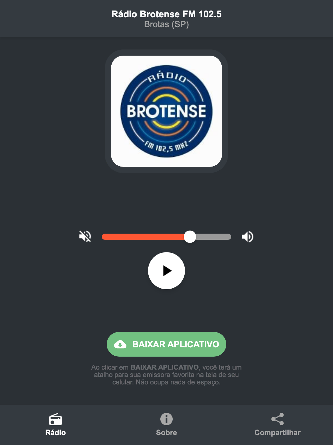 Screenshot do aplicativo da Rádio Brotense FM 102.5