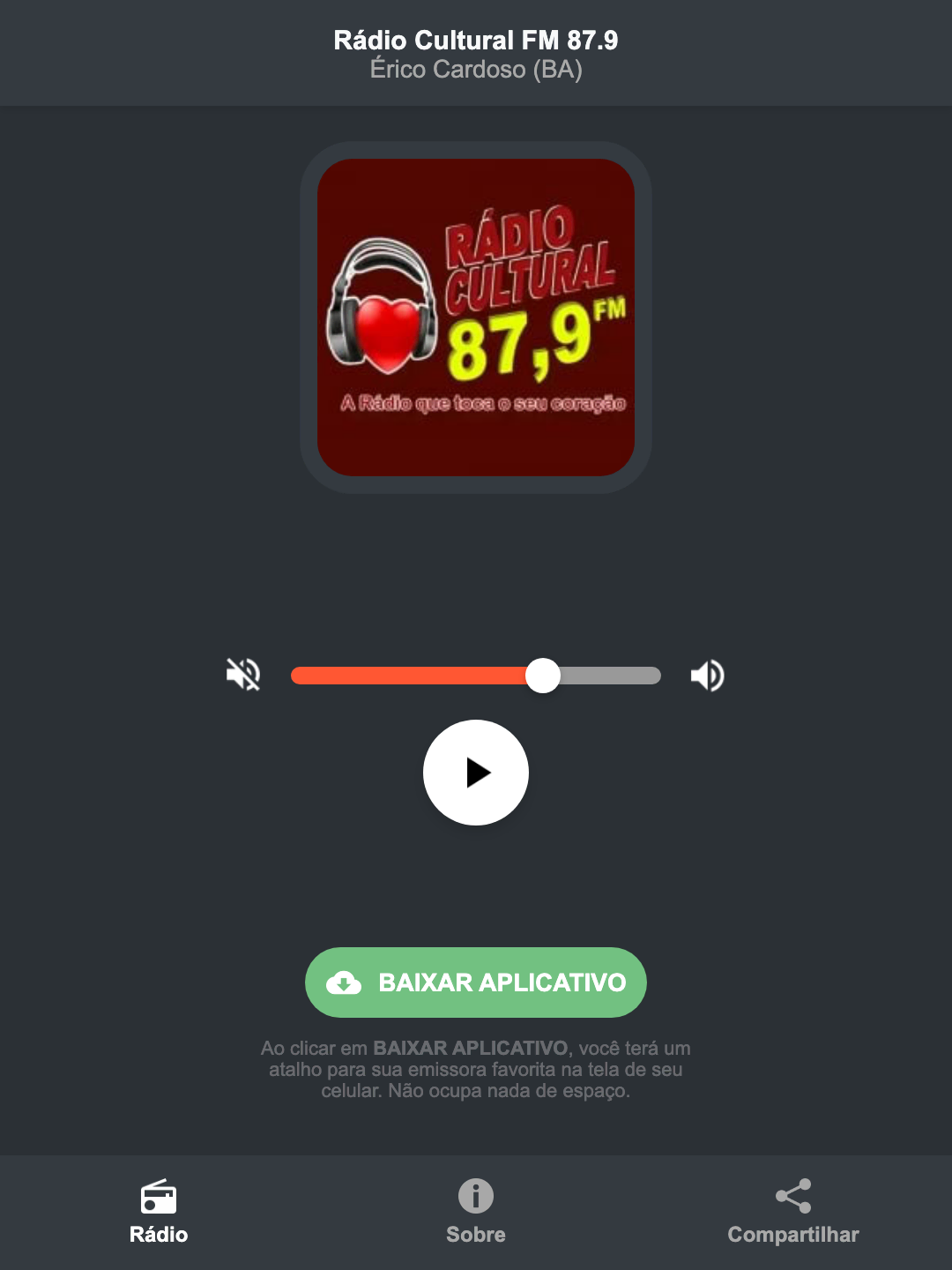 Screenshot do aplicativo da Rádio Cultural FM 87.9