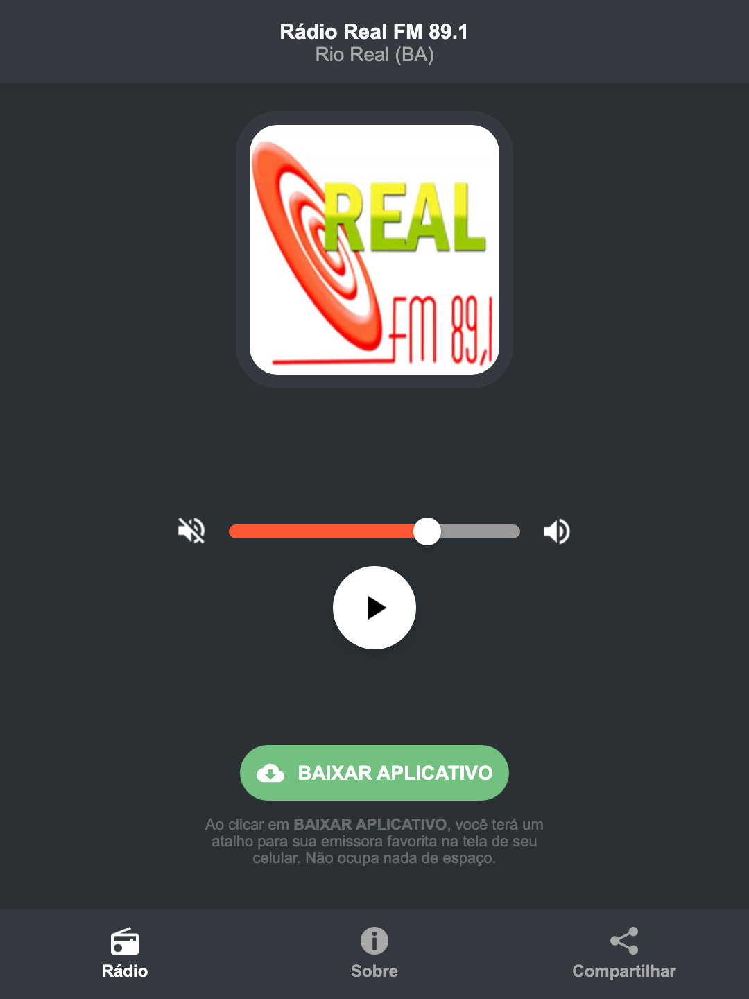 Screenshot do aplicativo da Rádio Real FM 89.1