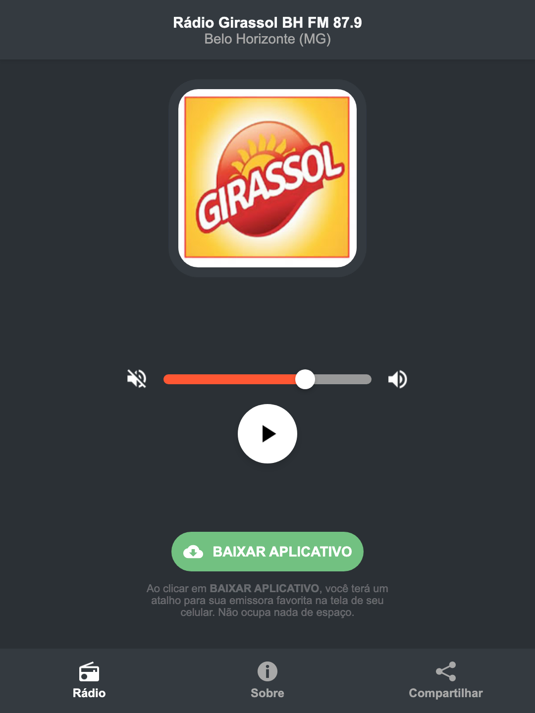 Screenshot do aplicativo da Rádio Girassol BH FM 87.9