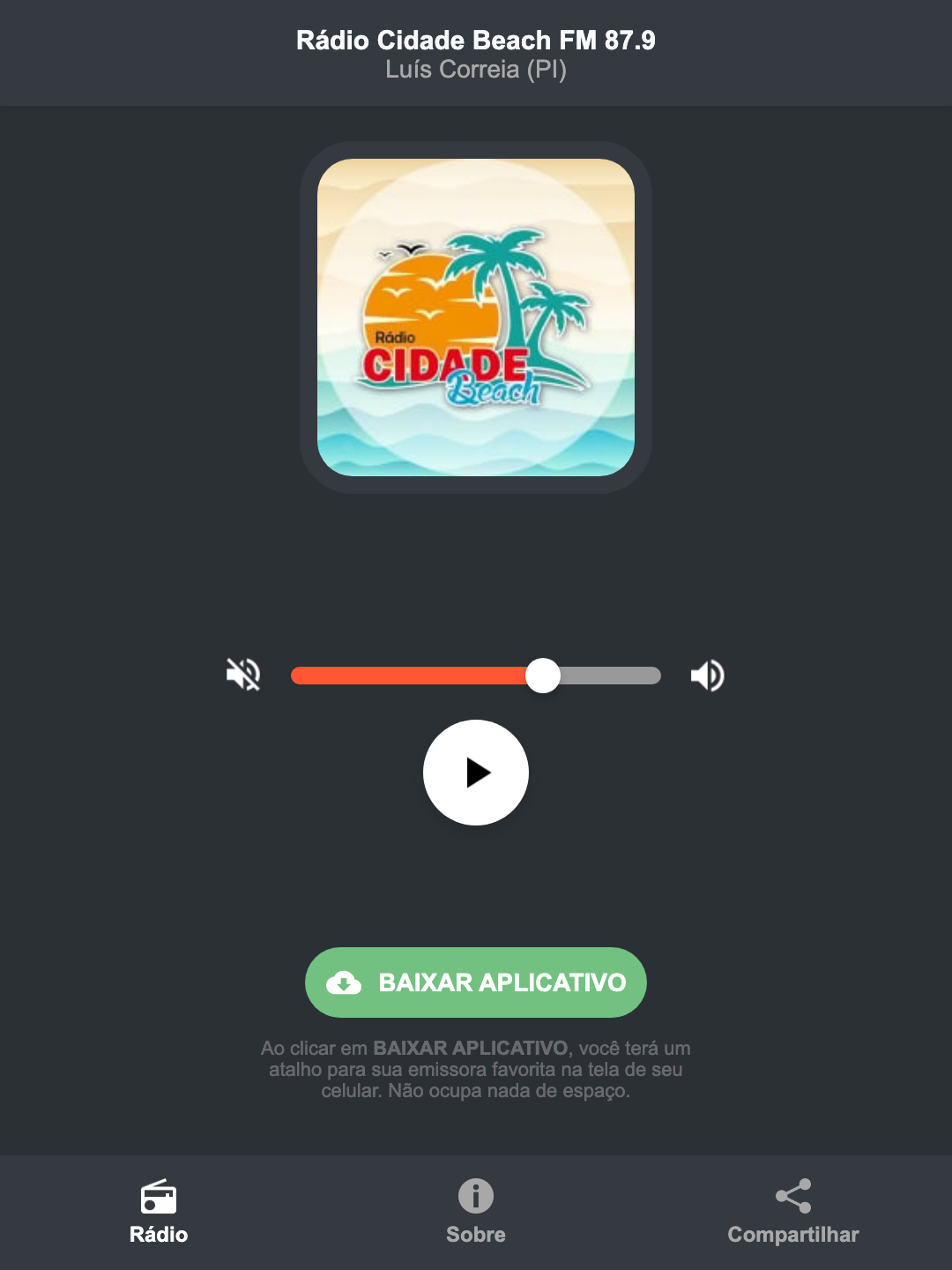 Screenshot do aplicativo da Rádio Cidade Beach FM 87.9