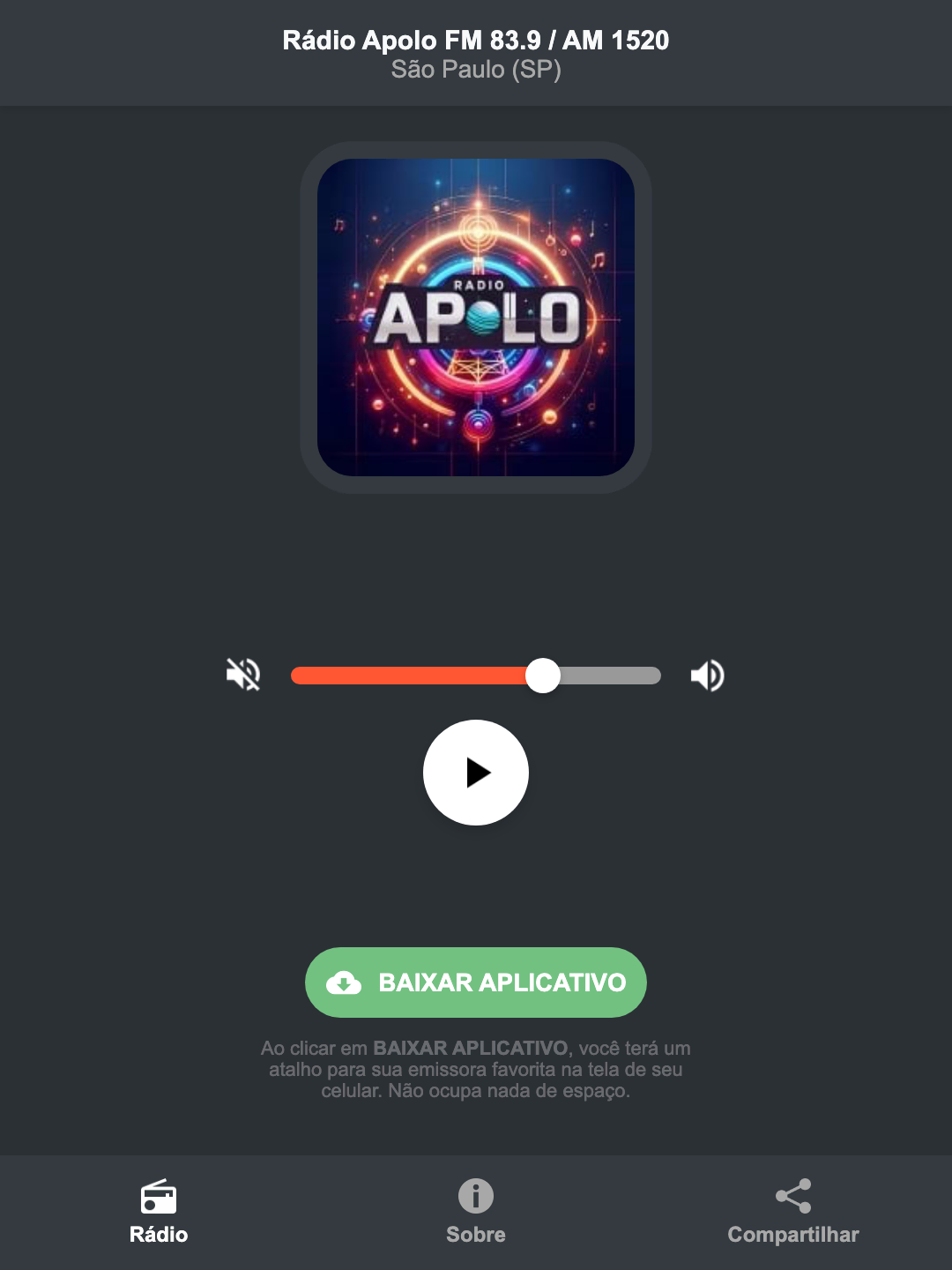 Screenshot do aplicativo da Rádio Apolo FM 83.9 / AM 1520