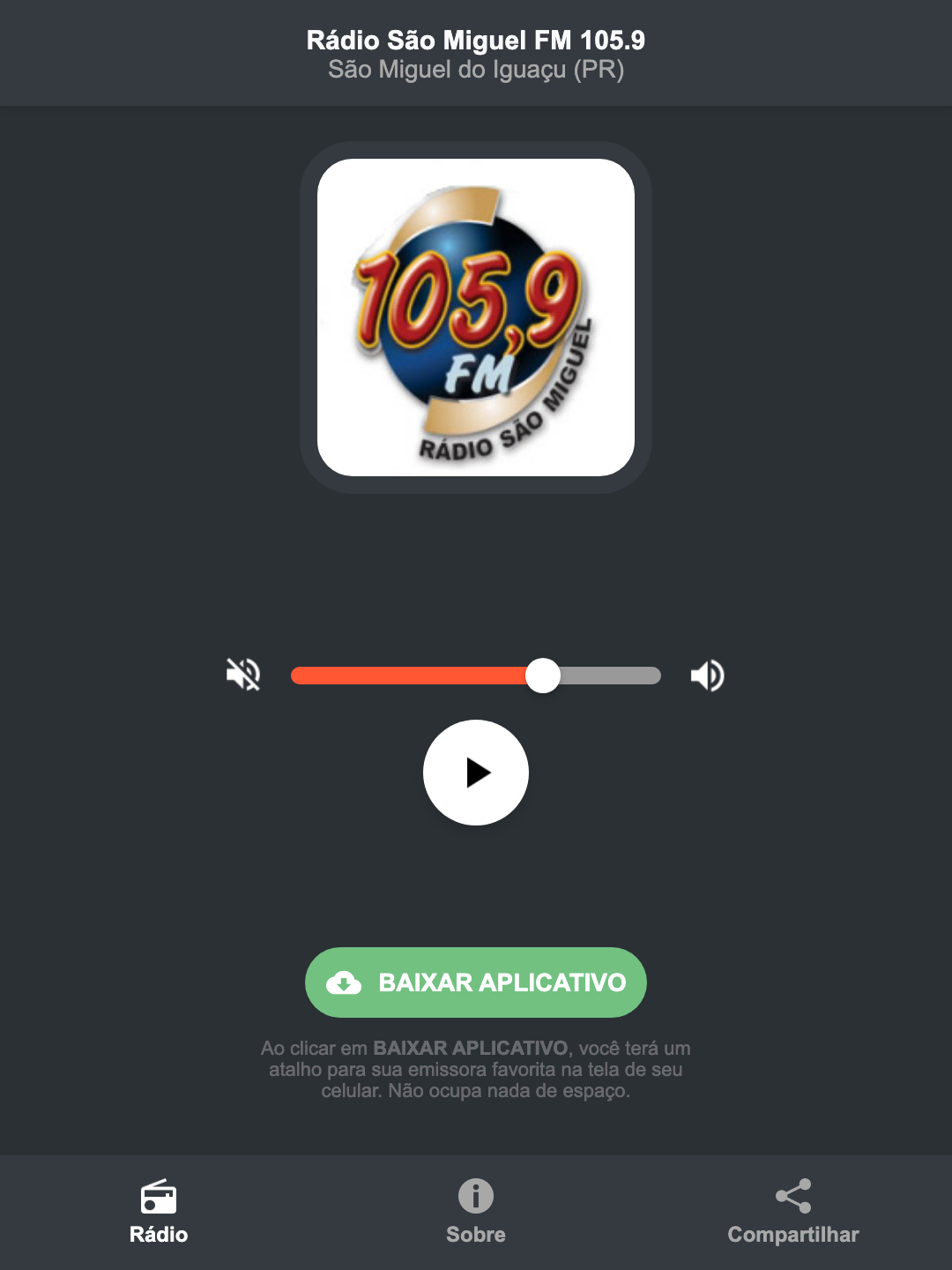 Screenshot do aplicativo da Rádio São Miguel FM 105.9