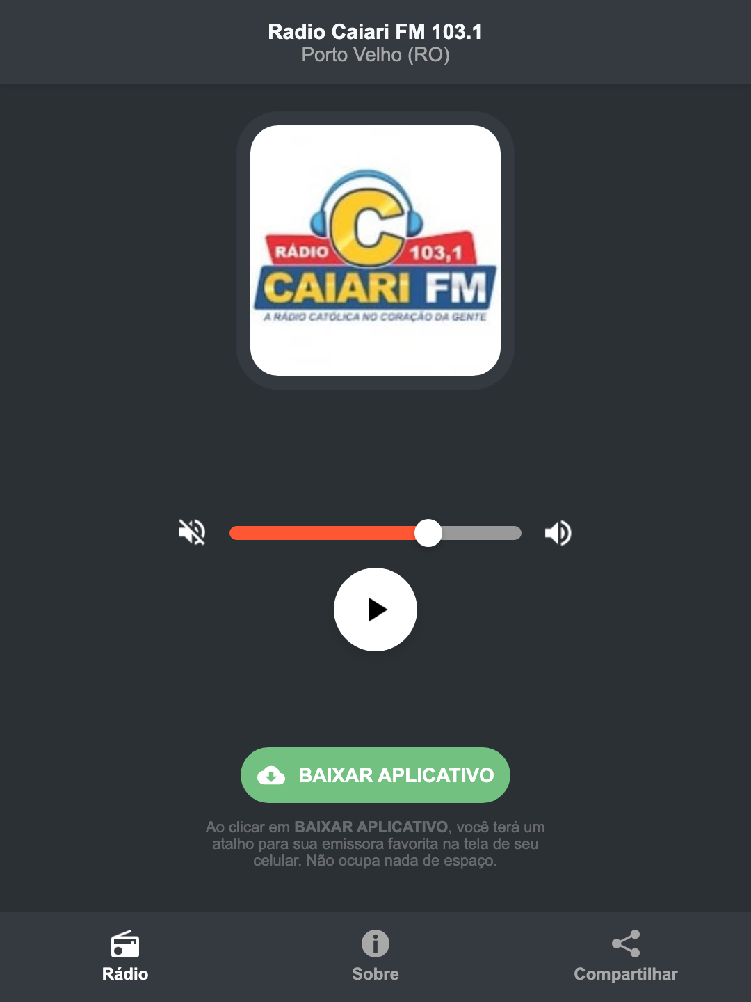 Screenshot do aplicativo da Radio Caiari FM 103.1