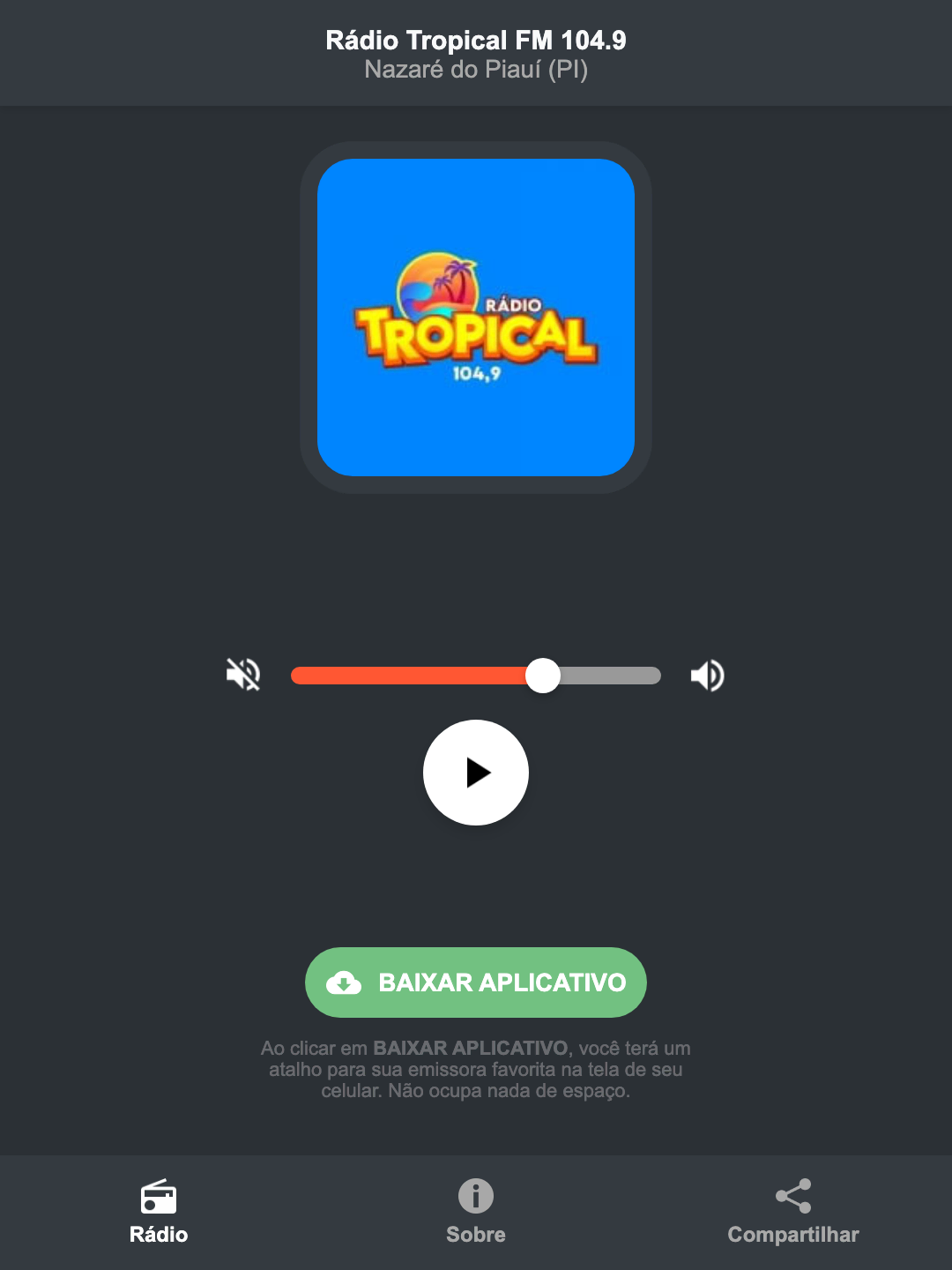 Screenshot do aplicativo da Rádio Tropical FM 104.9