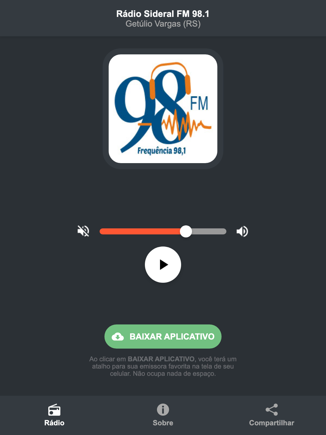 Screenshot do aplicativo da Rádio Sideral FM 98.1