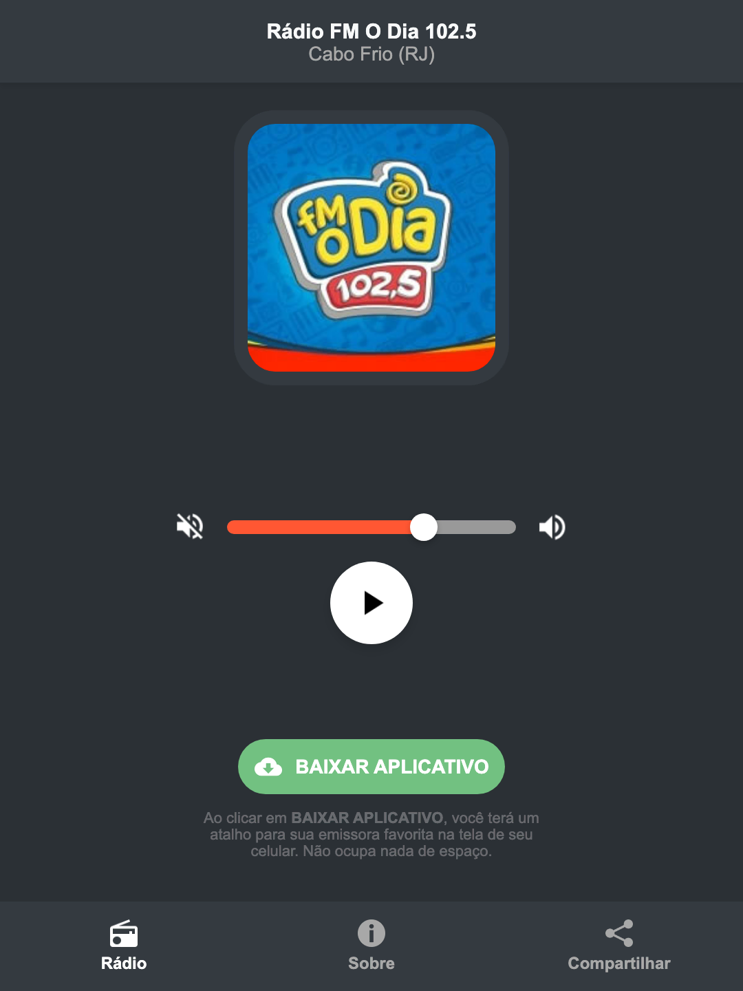 Screenshot do aplicativo da Rádio FM O Dia 102.5