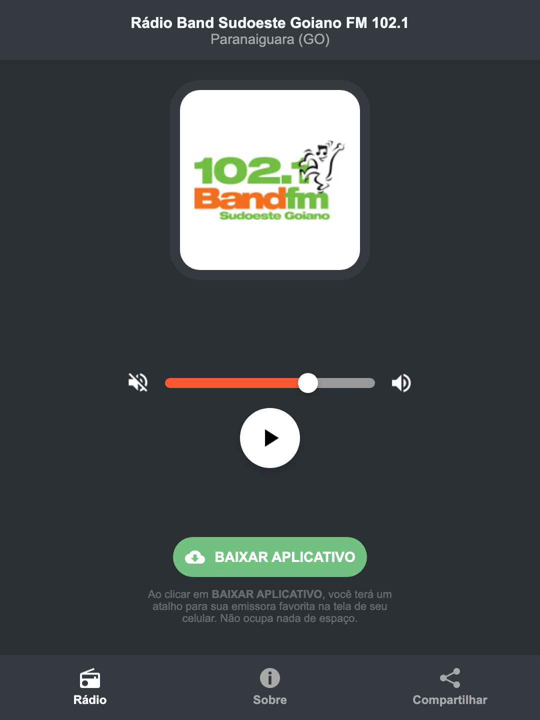 Screenshot do aplicativo da Rádio Band Sudoeste Goiano FM 102.1