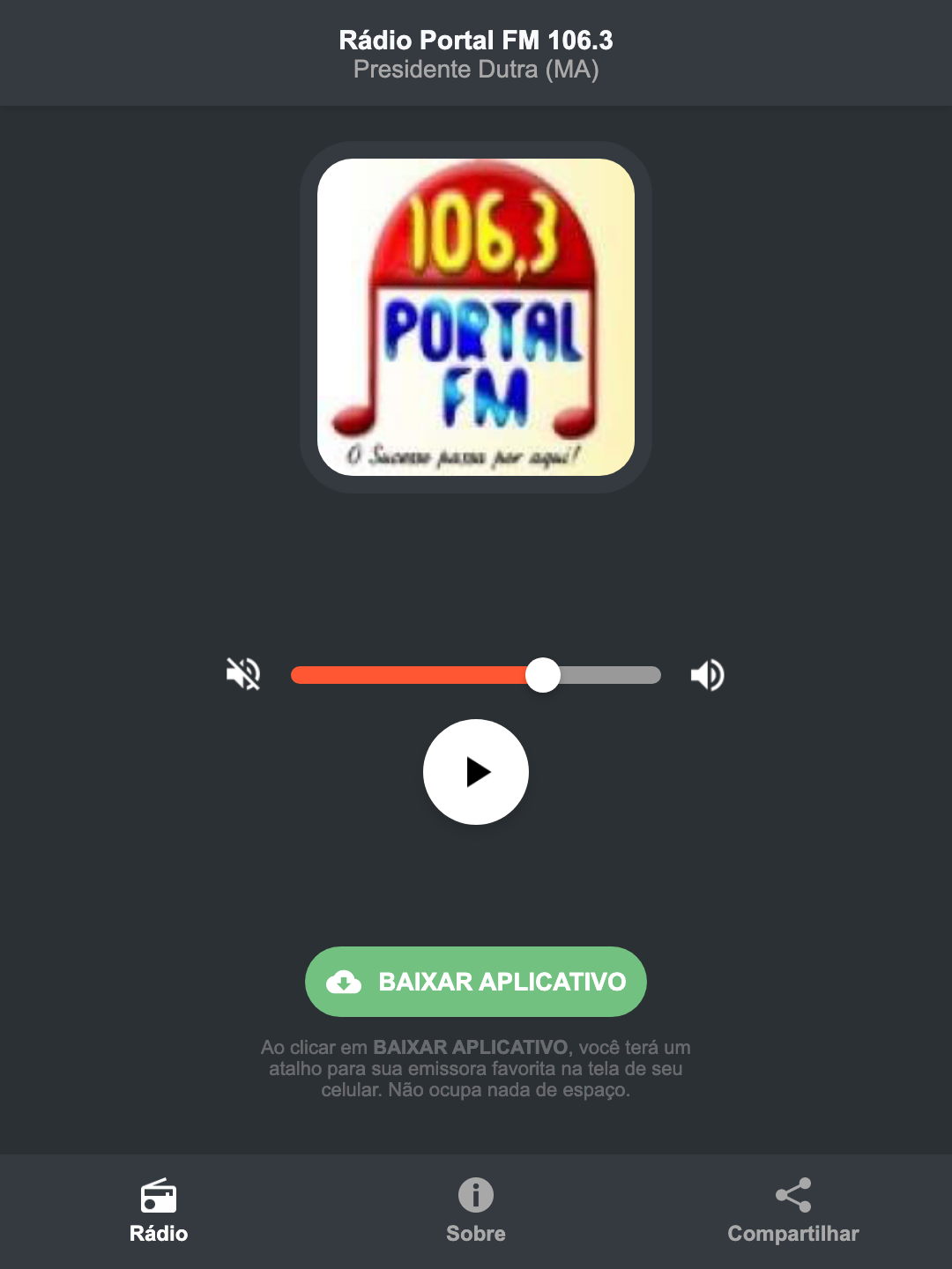 Screenshot do aplicativo da Rádio Portal FM 106.3