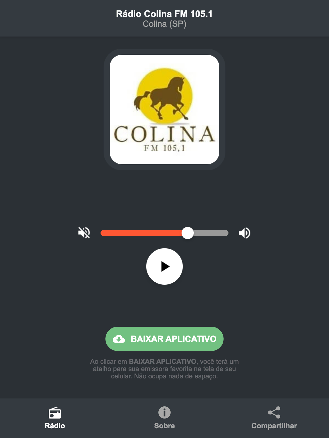 Screenshot do aplicativo da Rádio Colina FM 105.1