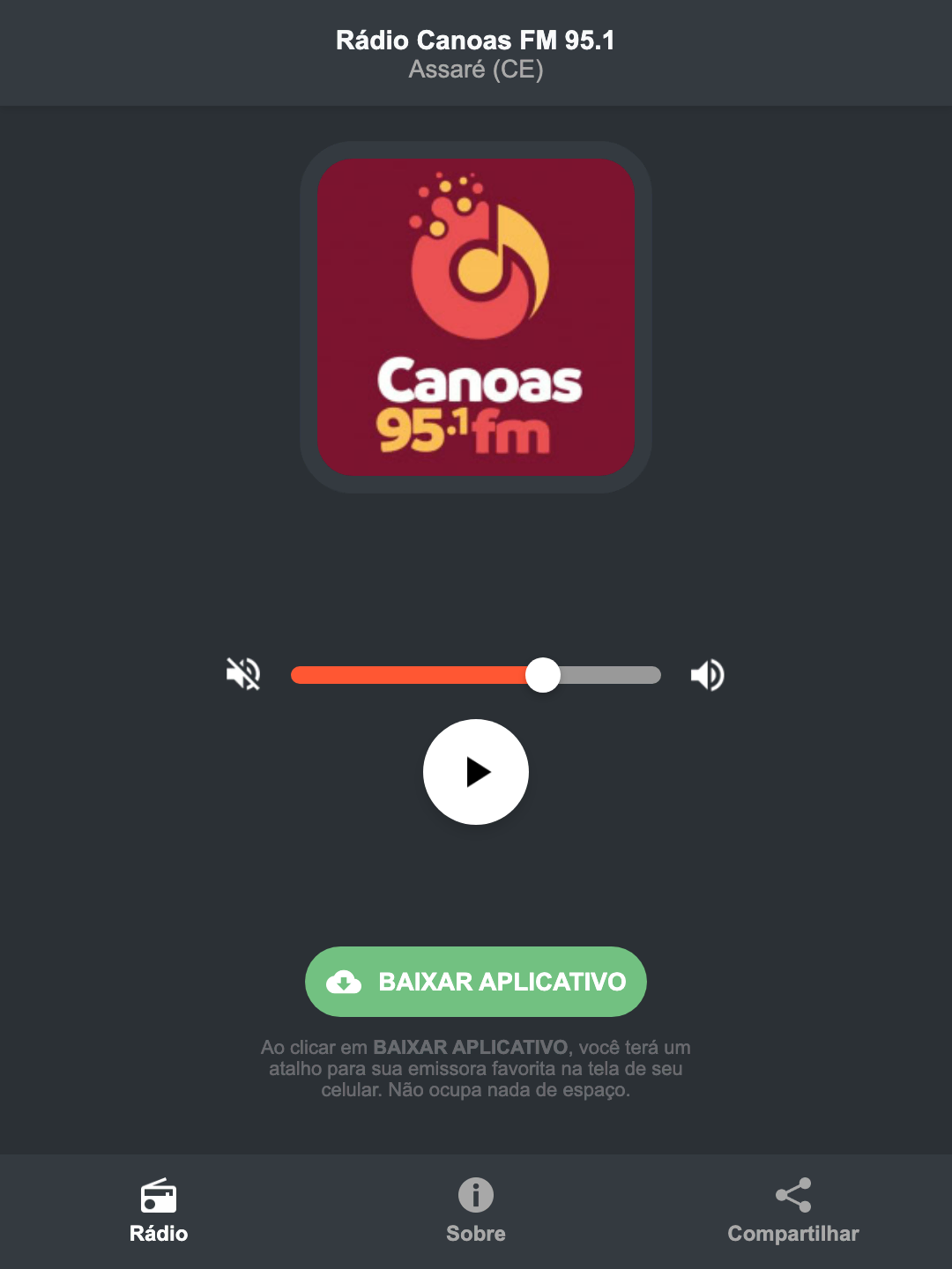 Screenshot do aplicativo da Rádio Canoas FM 95.1