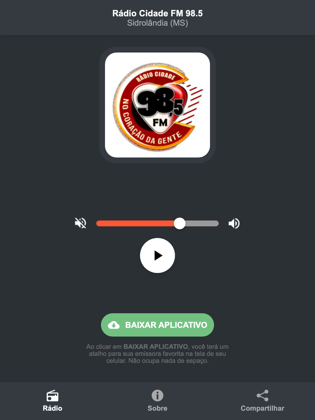 Screenshot do aplicativo da Rádio Cidade FM 98.5