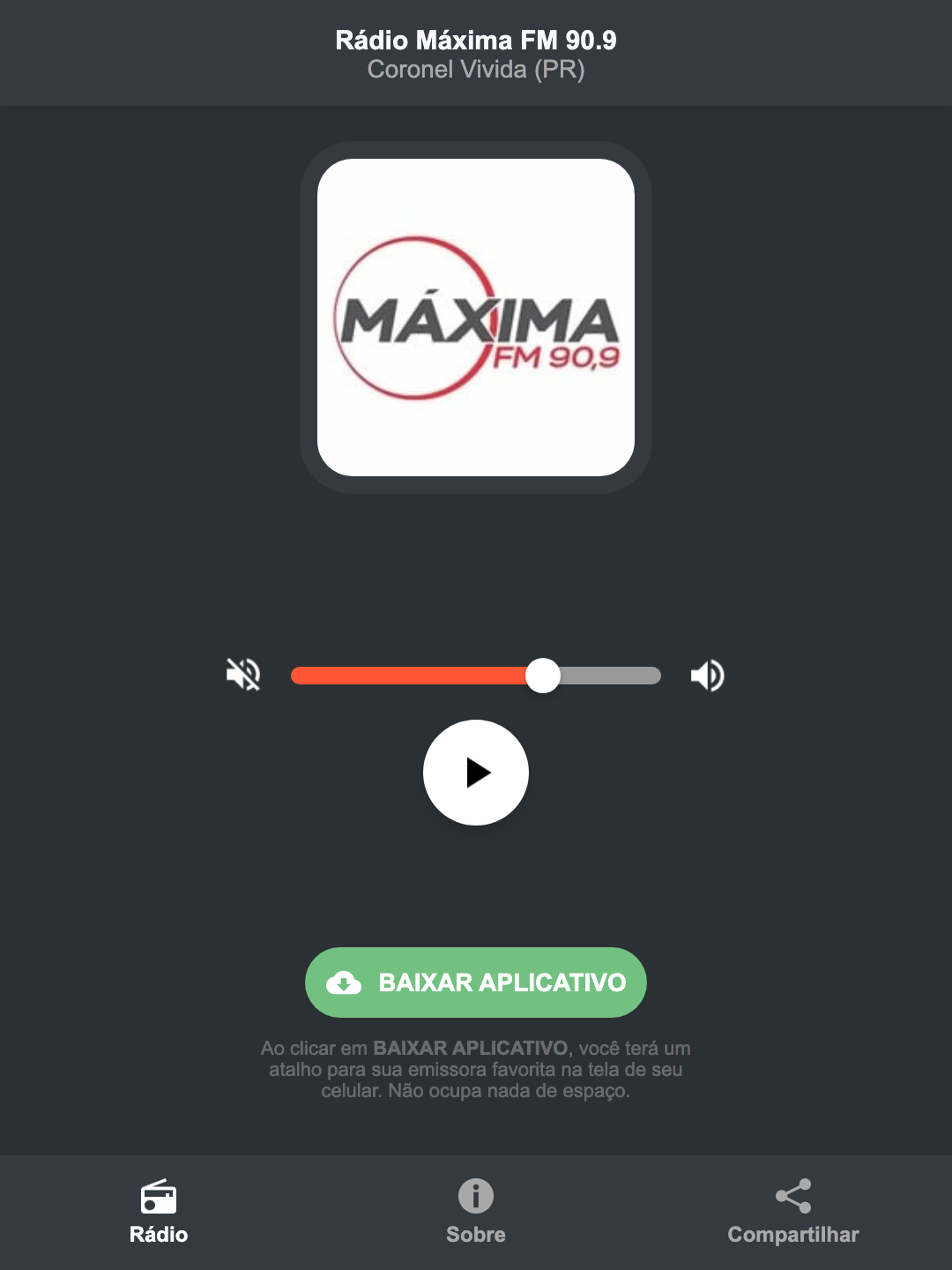 Screenshot do aplicativo da Rádio Máxima FM 90.9
