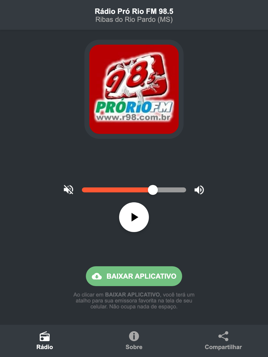 Screenshot do aplicativo da Rádio Pró Rio FM 98.5