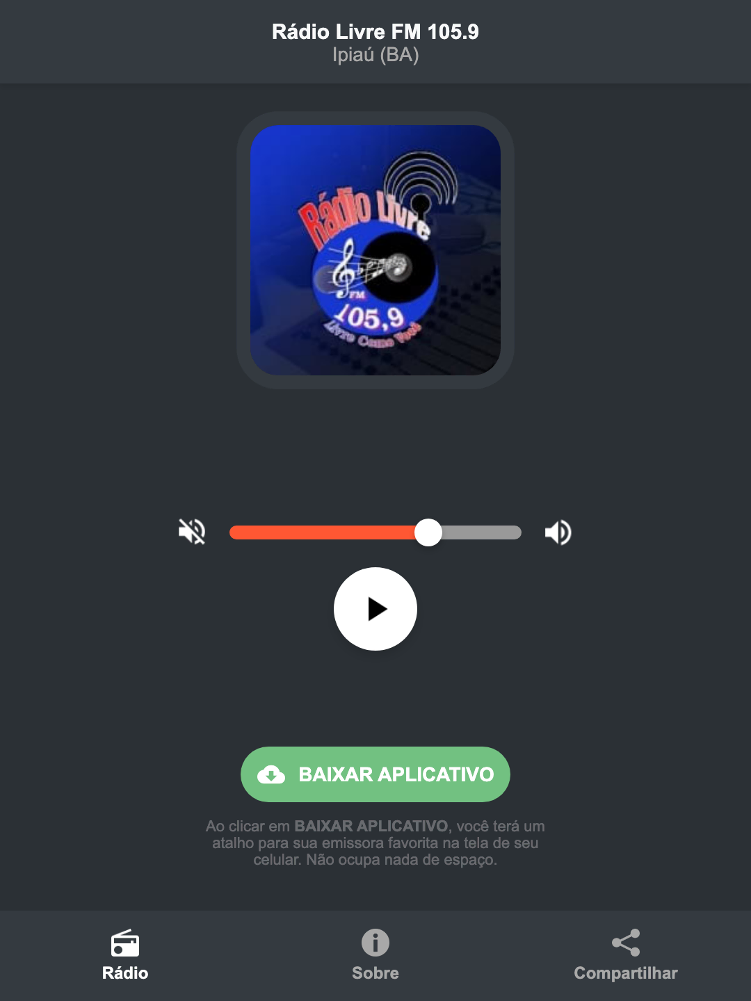 Screenshot do aplicativo da Rádio Livre FM 105.9