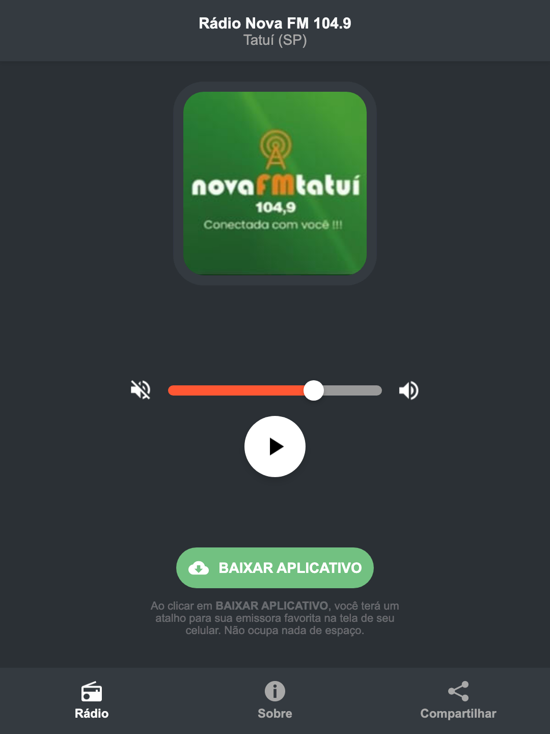 Screenshot do aplicativo da Rádio Nova FM 104.9