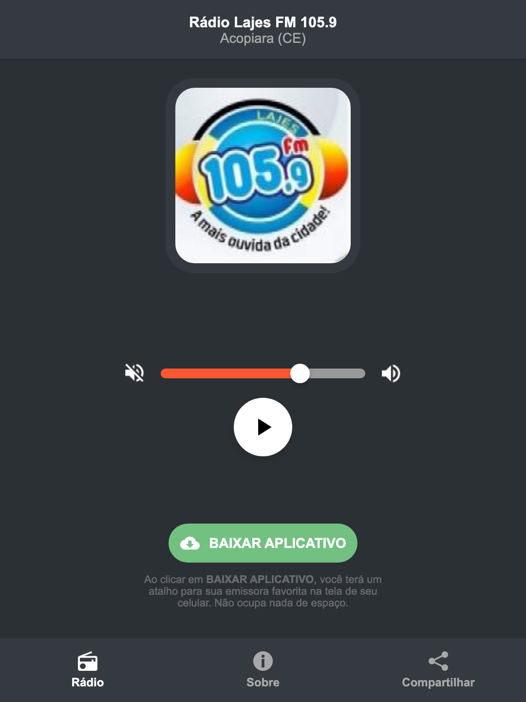 Screenshot do aplicativo da Rádio Lajes FM 105.9