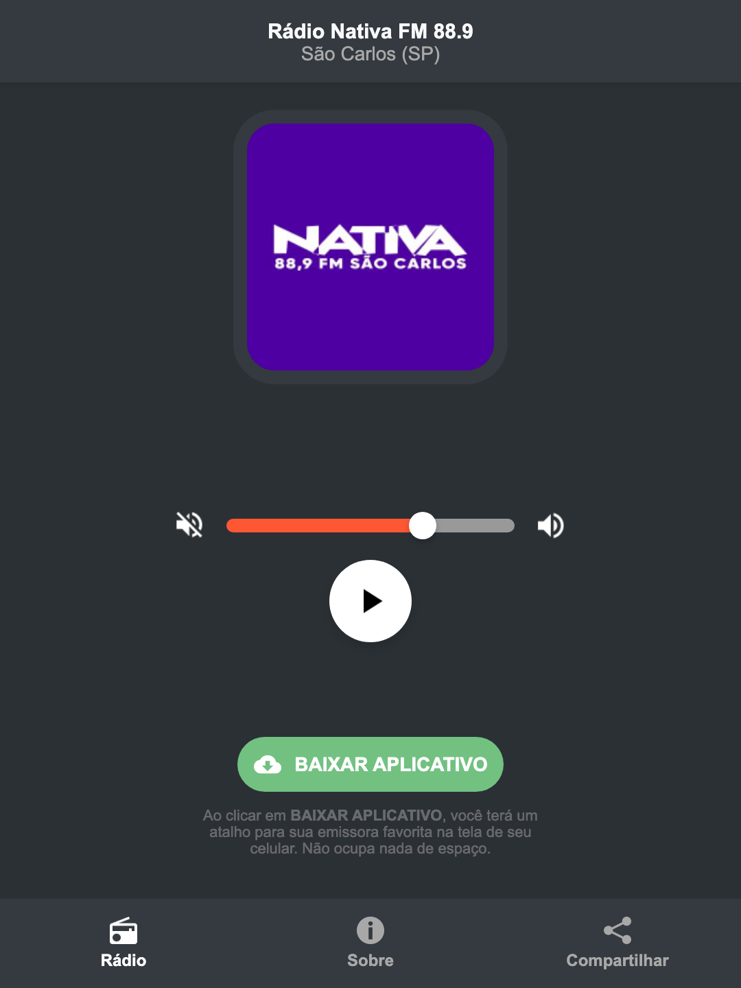 Screenshot do aplicativo da Rádio Nativa FM 88.9