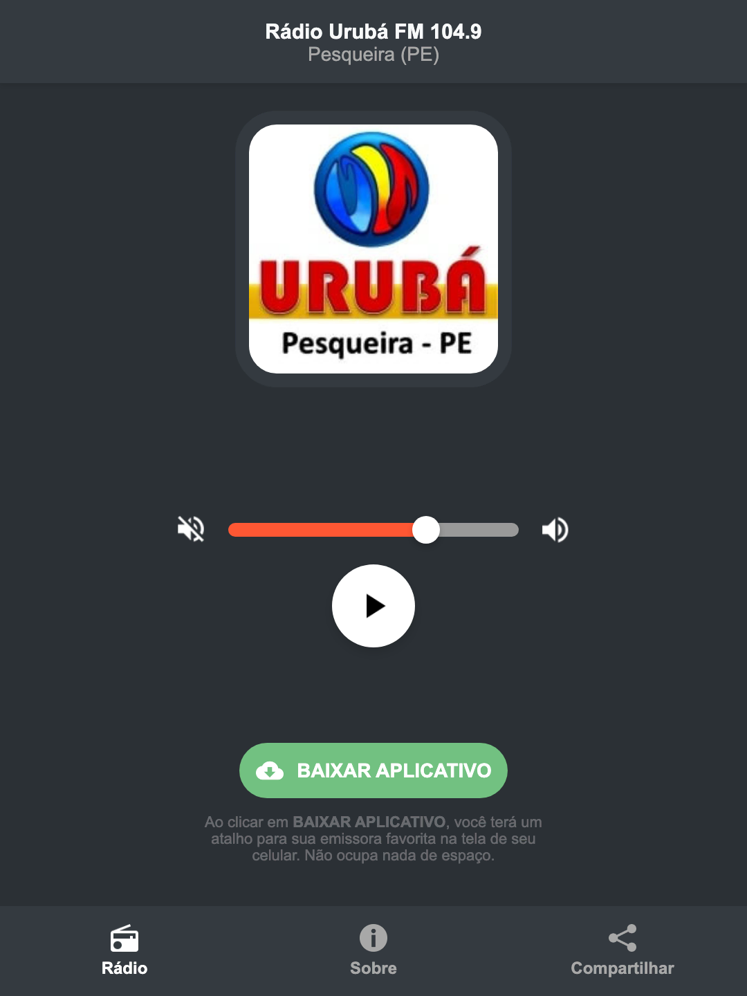 Screenshot do aplicativo da Rádio Urubá FM 104.9