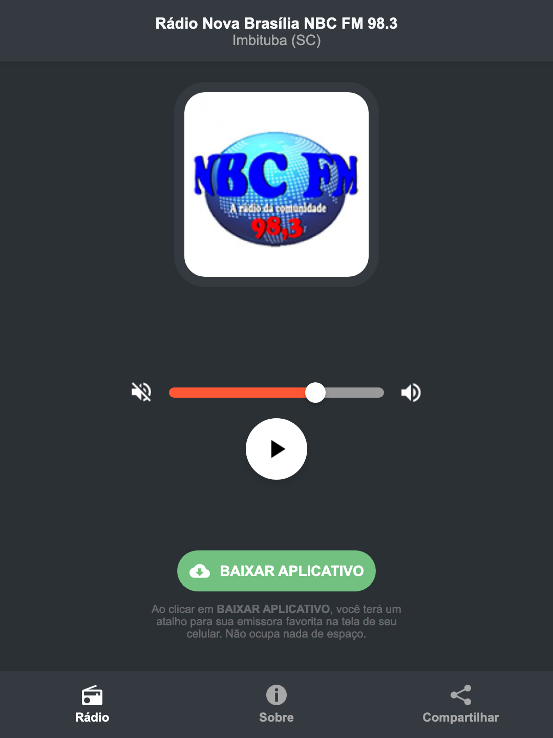 Screenshot do aplicativo da Rádio Nova Brasília NBC FM 98.3