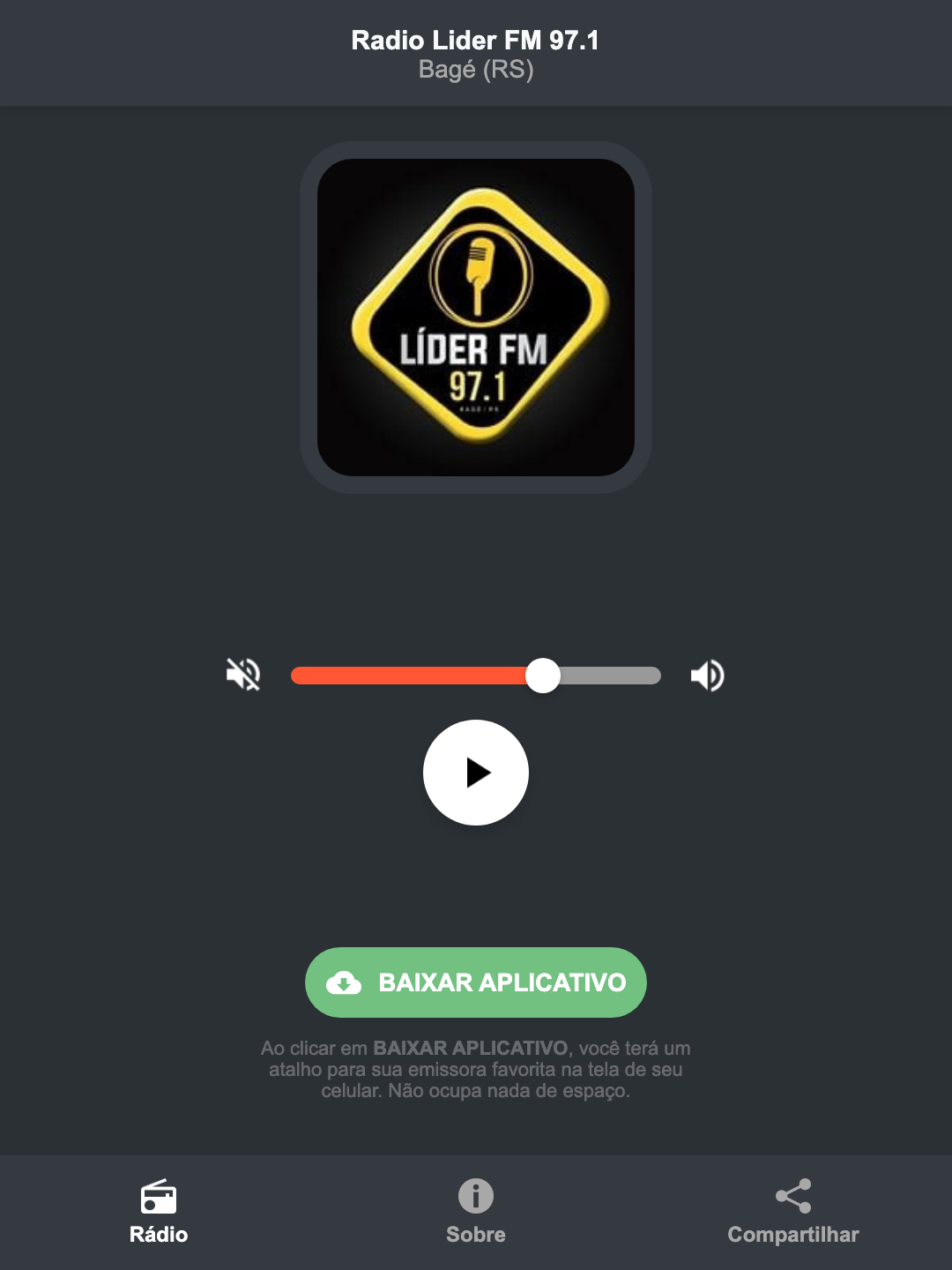 Screenshot do aplicativo da Radio Lider FM 97.1
