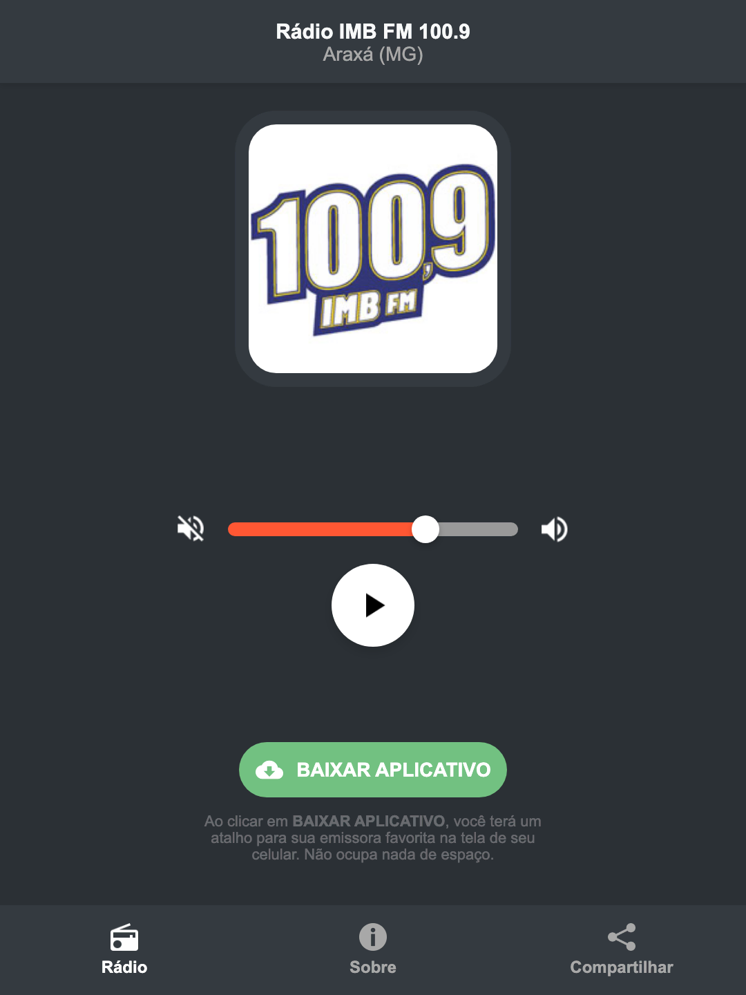 Screenshot do aplicativo da Rádio IMB FM 100.9