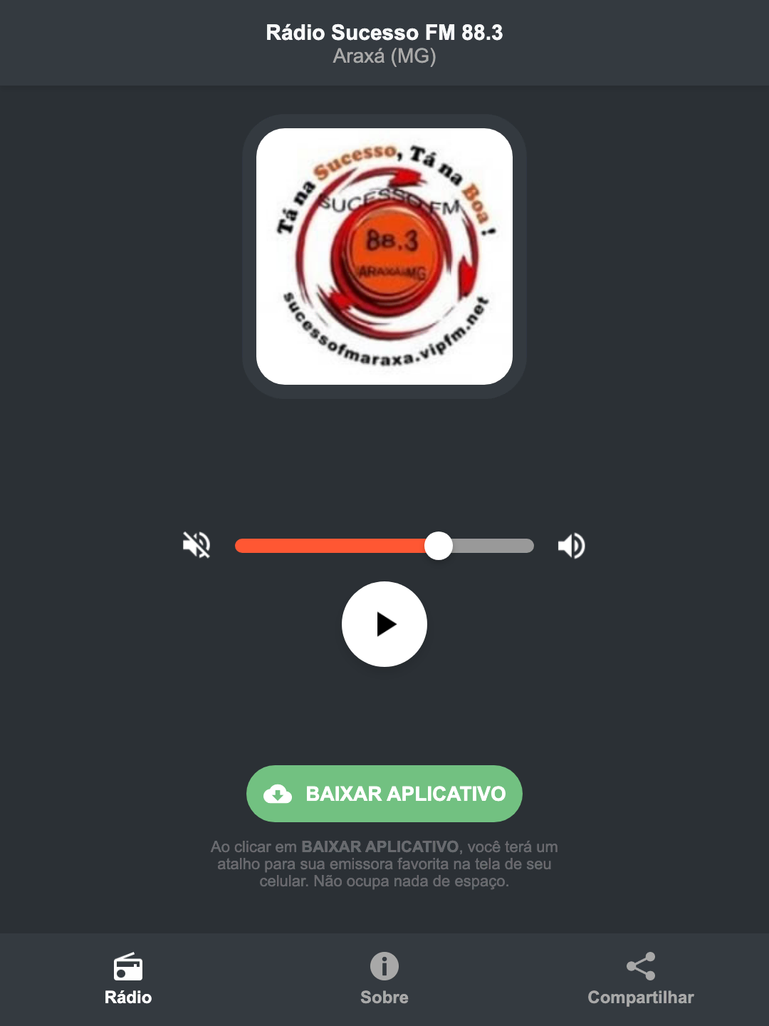 Screenshot do aplicativo da Rádio Sucesso FM 88.3
