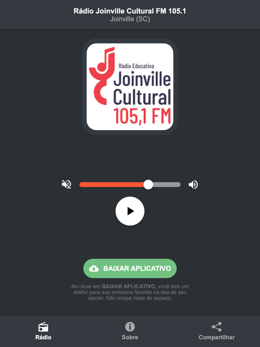 Screenshot do aplicativo da Rádio Joinville Cultural FM 105.1