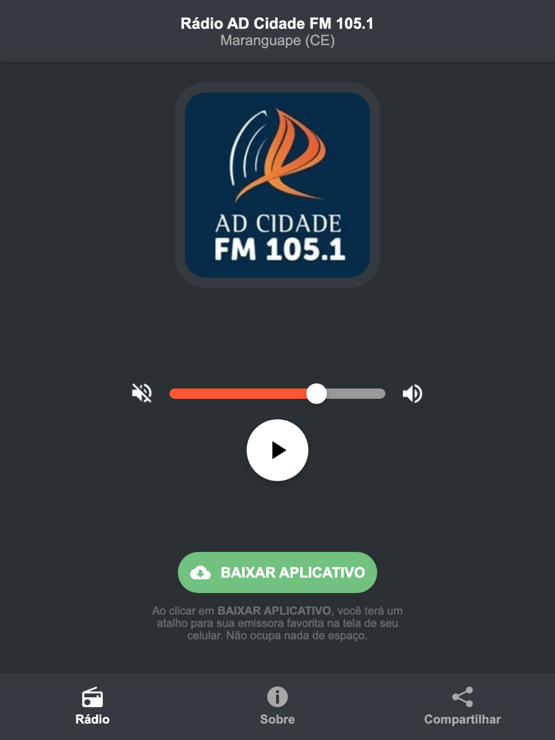 Screenshot do aplicativo da Rádio AD Cidade FM 105.1