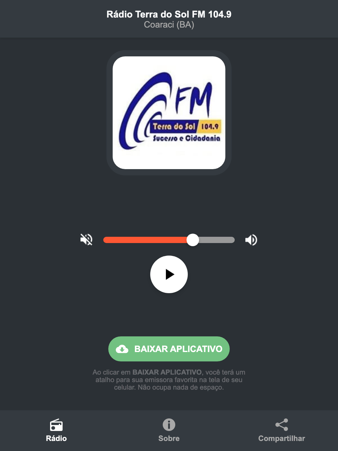 Screenshot do aplicativo da Rádio Terra do Sol FM 104.9