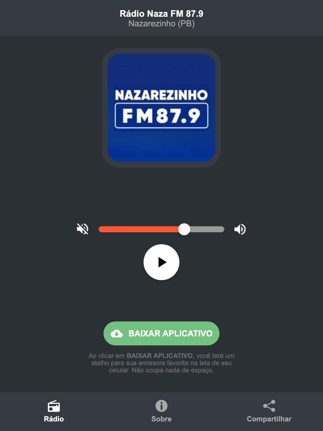 Screenshot do aplicativo da Rádio Naza FM 87.9
