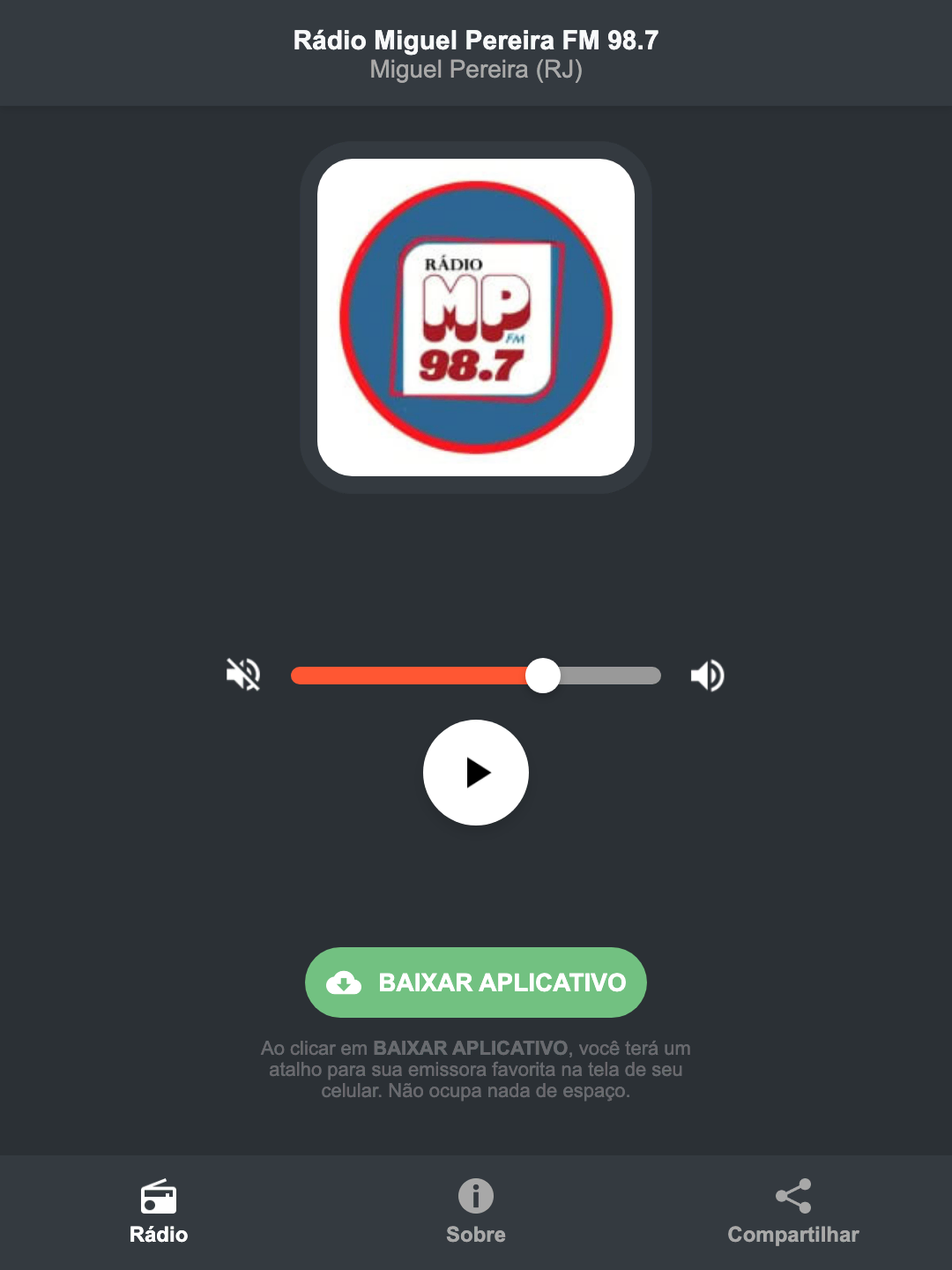 Screenshot do aplicativo da Rádio Miguel Pereira FM 98.7