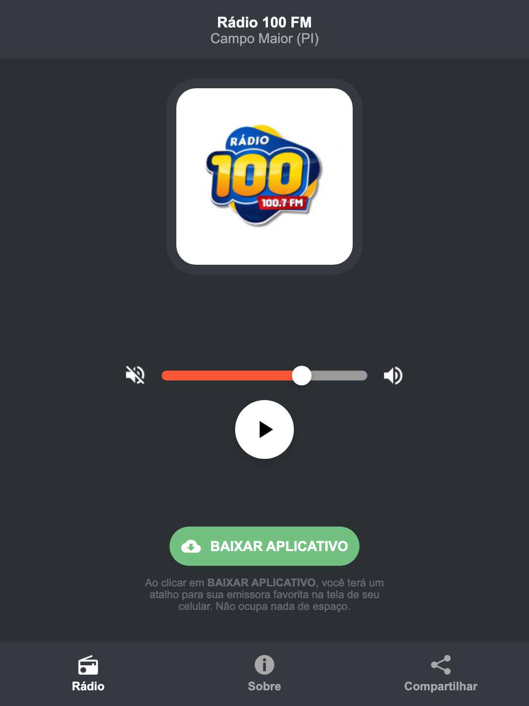 Screenshot do aplicativo da Rádio 100 FM