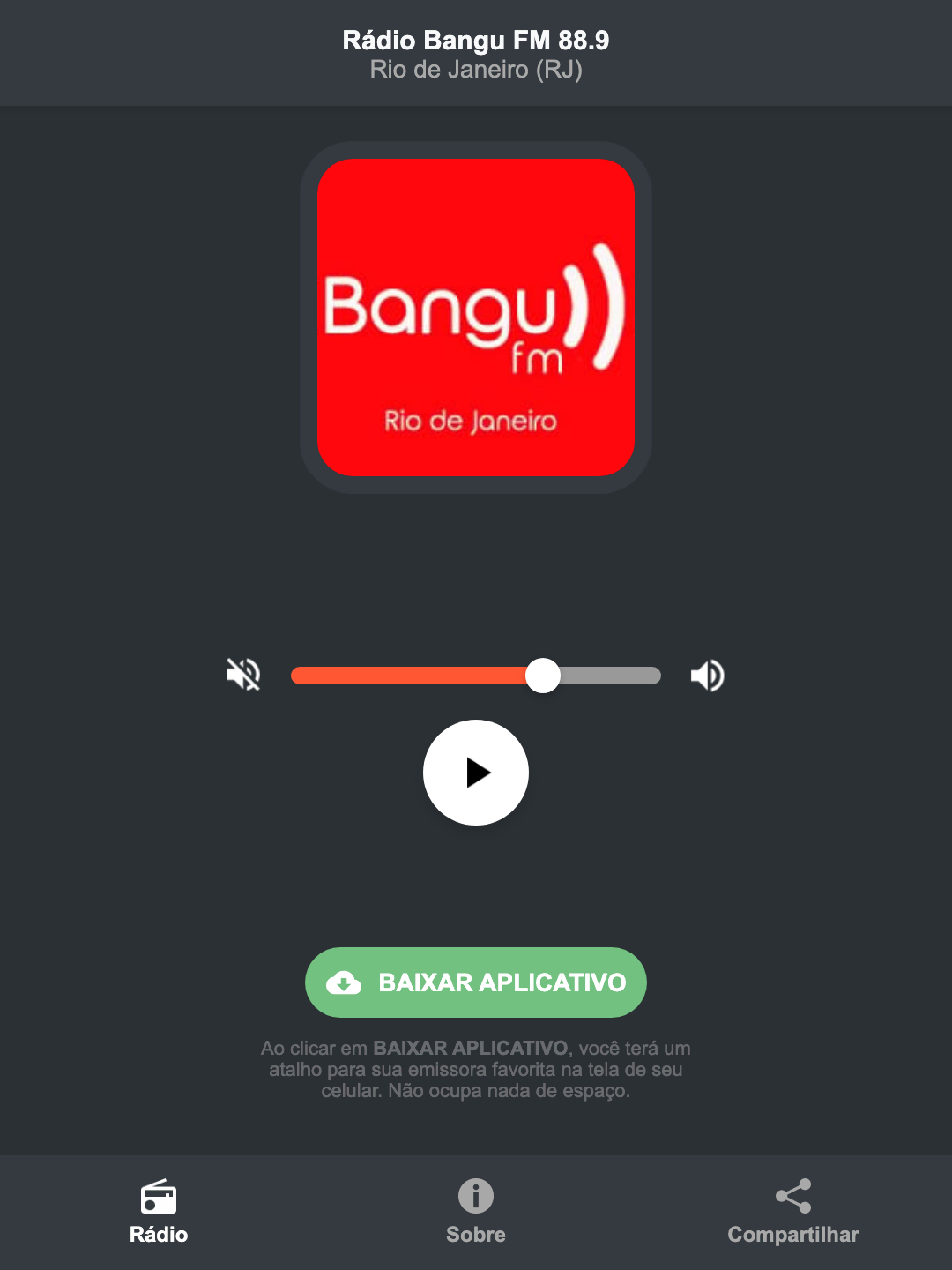 Screenshot do aplicativo da Rádio Bangu FM 88.9