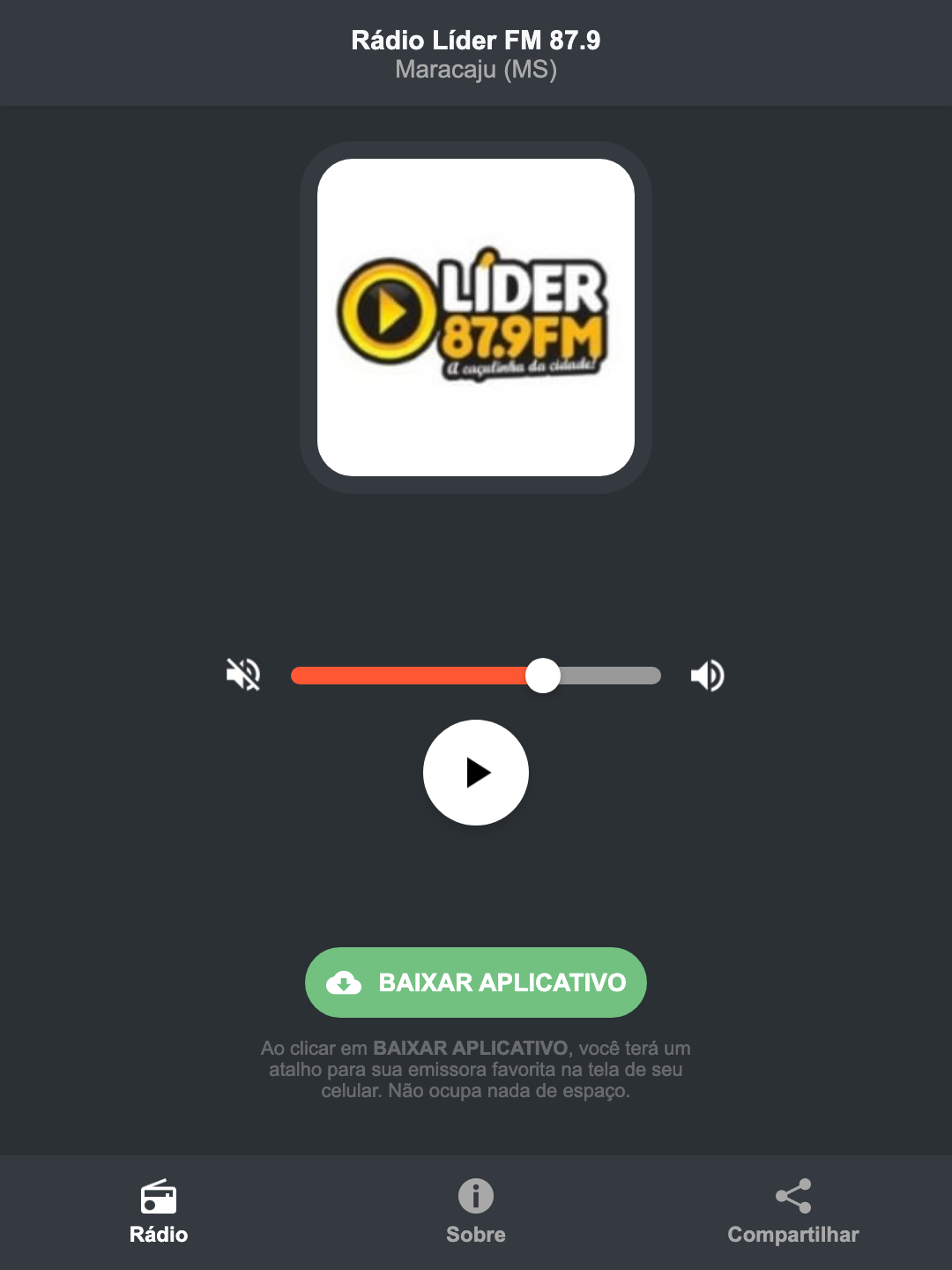 Screenshot do aplicativo da Rádio Líder FM 87.9