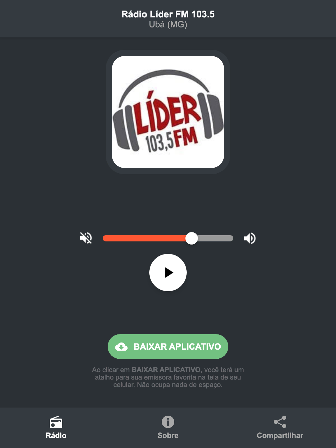 Screenshot do aplicativo da Rádio Líder FM 103.5
