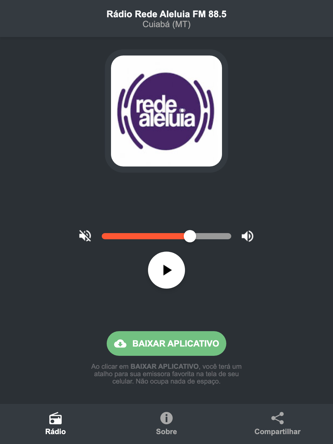 Screenshot do aplicativo da Rádio Rede Aleluia FM 88.5