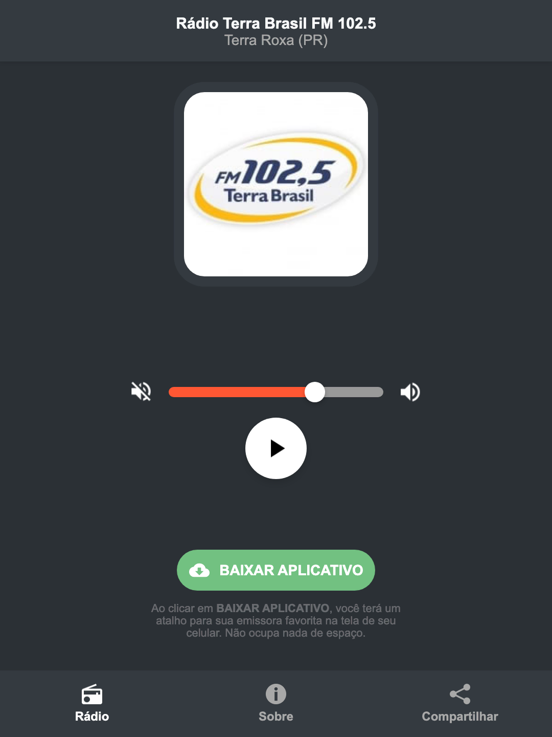 Screenshot do aplicativo da Rádio Terra Brasil FM 102.5