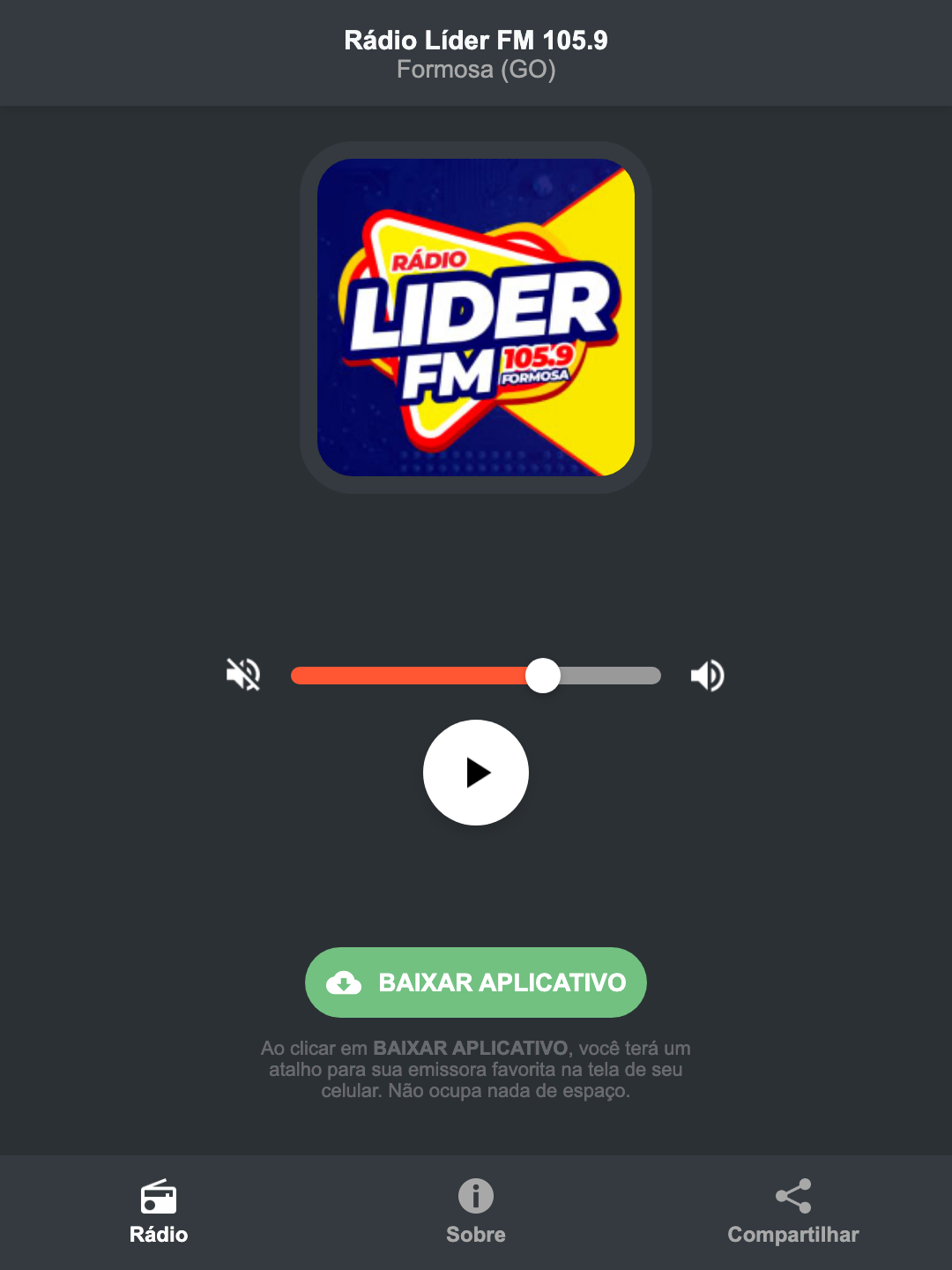 Screenshot do aplicativo da Rádio Líder FM 105.9
