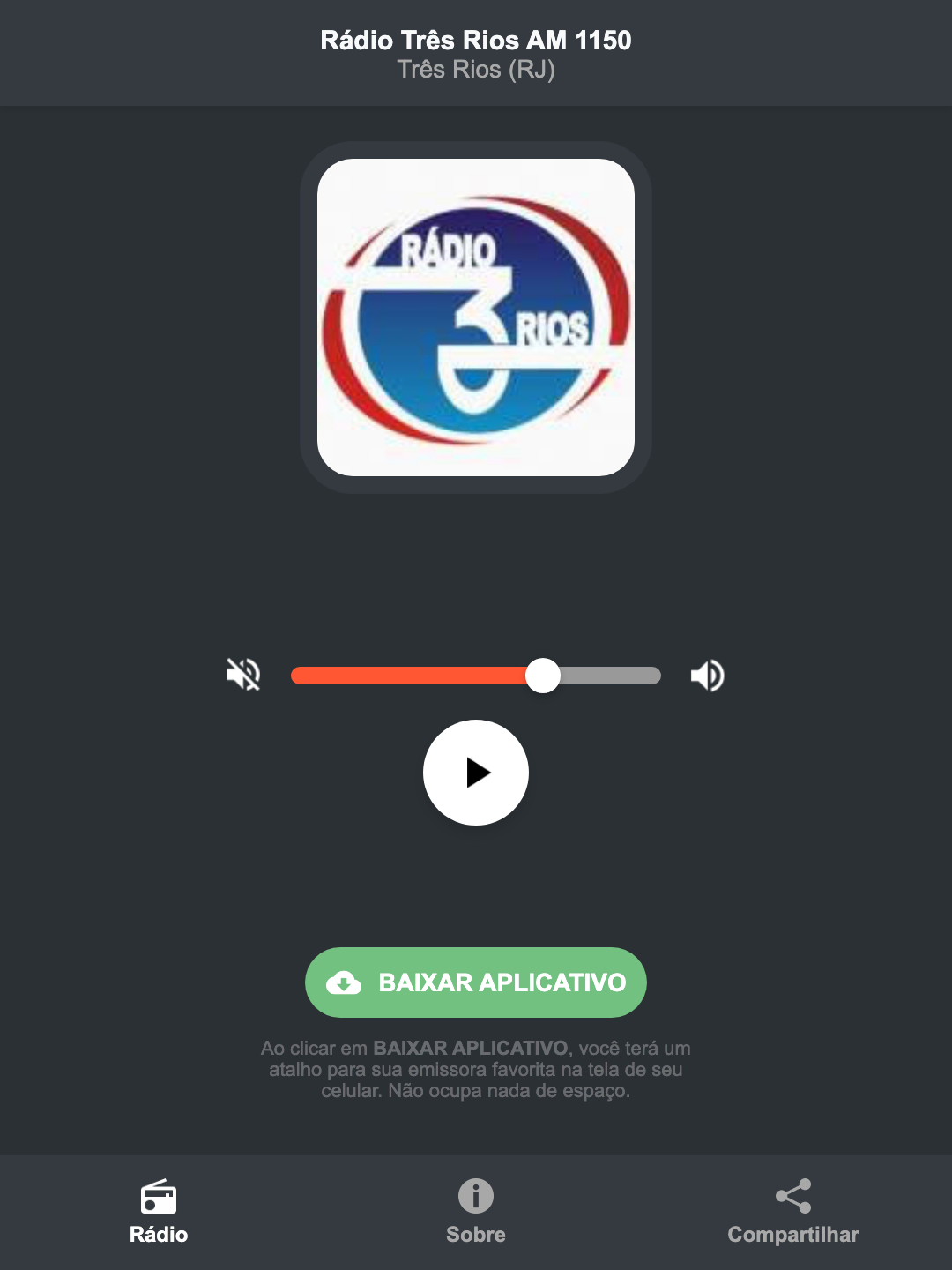 Screenshot do aplicativo da Rádio Três Rios AM 1150