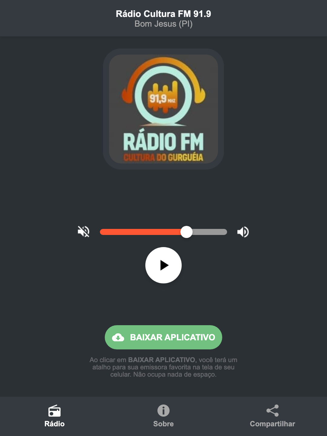 Screenshot do aplicativo da Rádio Cultura FM 91.9