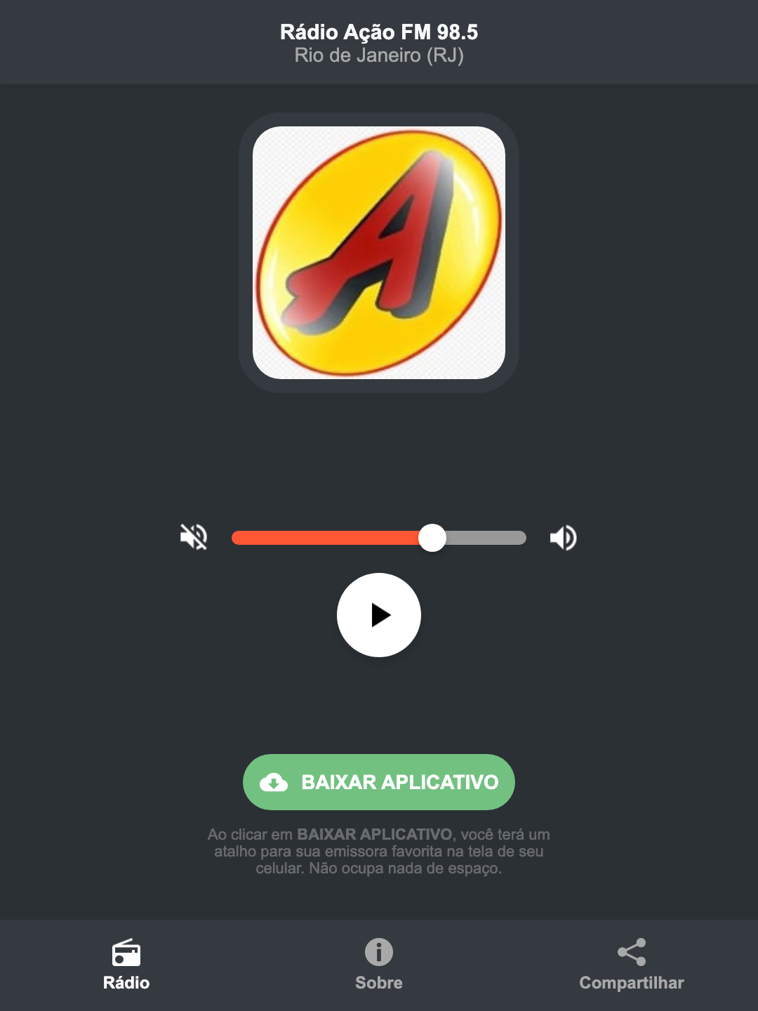 Screenshot do aplicativo da Rádio Ação FM 98.5