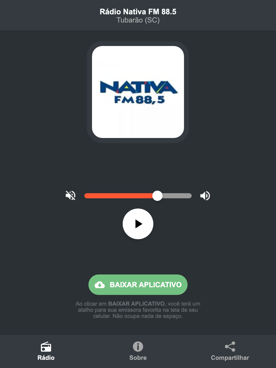 Screenshot do aplicativo da Rádio Nativa FM 88.5